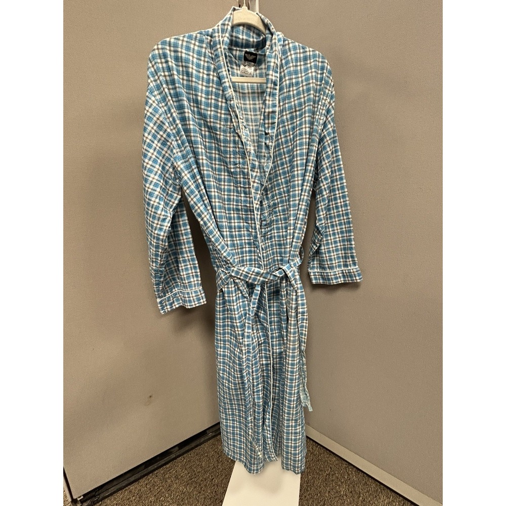 American Heaven Robe Blue WHITE Plaid Cotton kimono tie belt L/XL  mens vtg